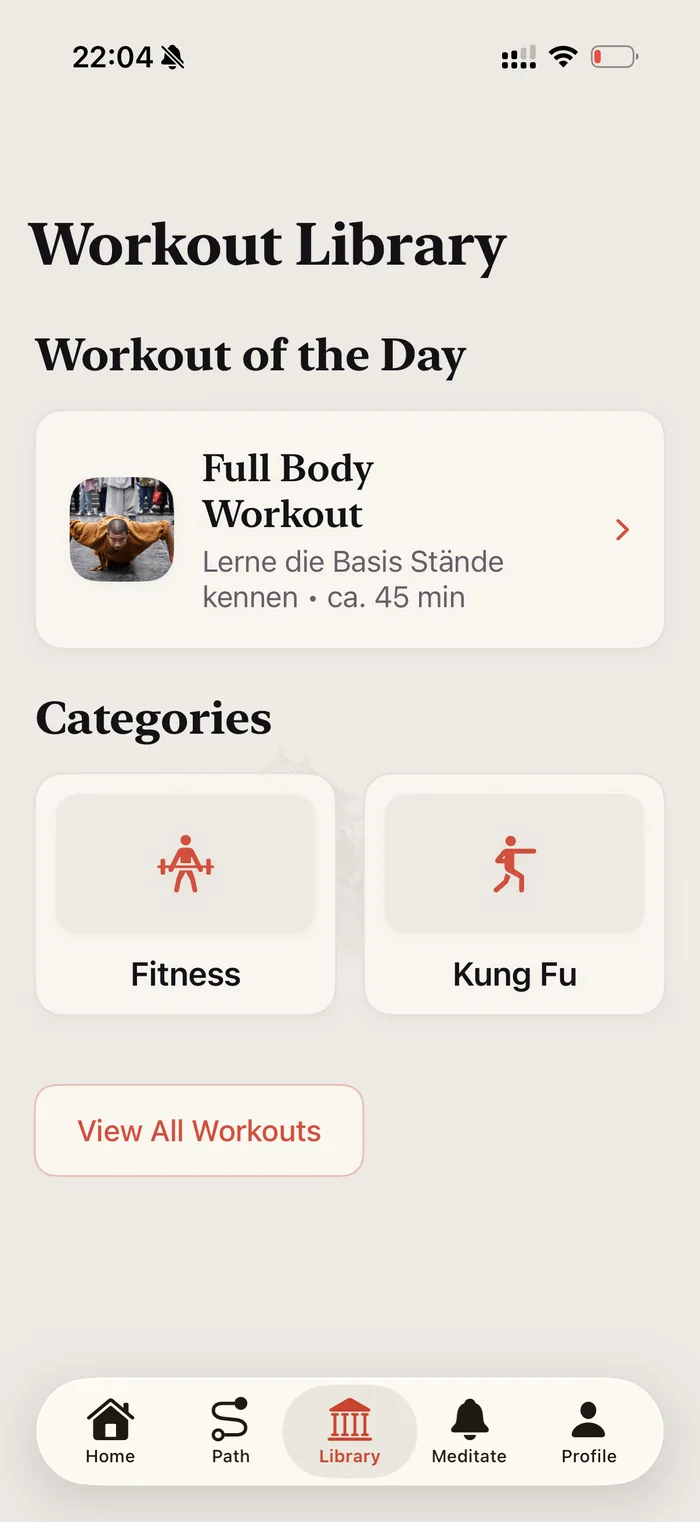 Workout-Bibliothek: Workout of the Day und Kategorien.